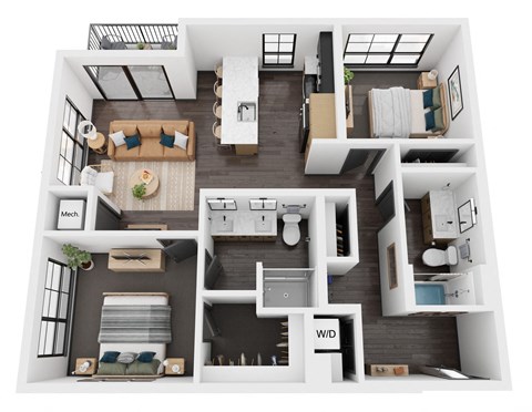Floor plan for 2 beds, 2 baths, 1007 sqft